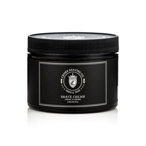 Crown Shaving Co. shave cream in a 8oz black container with silver foil logo and lettering.