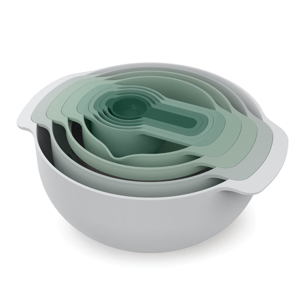 Joseph Joseph Nest 9 Plus Bowl Set, measuring spoons, cups, mixing bowls, colander in shades of green and grey