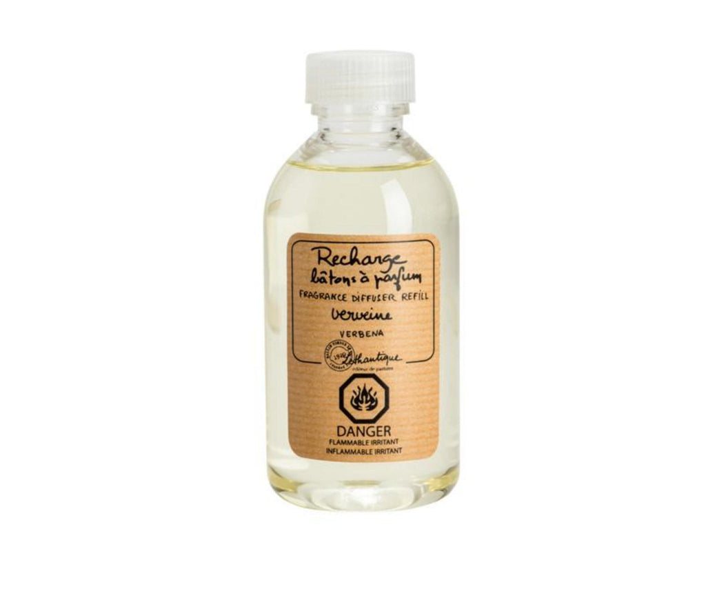 A clear, plastic bottle of verbena scented diffuser refill liquid, with a beige label printed with the words "Rechard batons a parfum, fragrance diffuser refill, verveine, verbena," the Lothantique logo and a danger flammable symbol