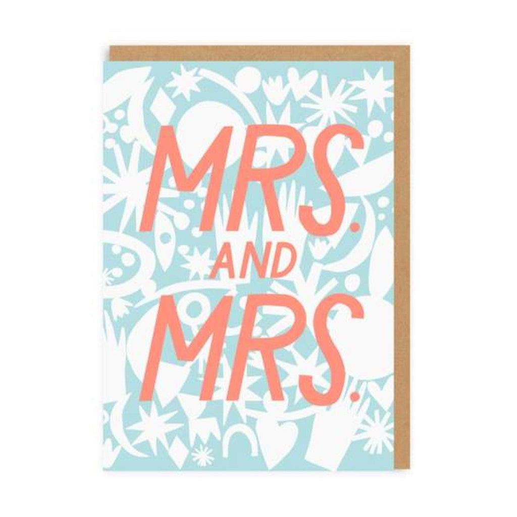 Mrs. And Mrs. card featuring pink writing, and blue/white illustrations in the background