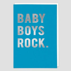 Blue rectangular card that reads "Baby Boys Rock." in silver capitalized letters