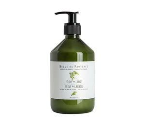 Belle de Provence Olive and Lavender liquid soap in a translucent green plastic bottle with a black pump. A white label has a drawing of an olive branch 