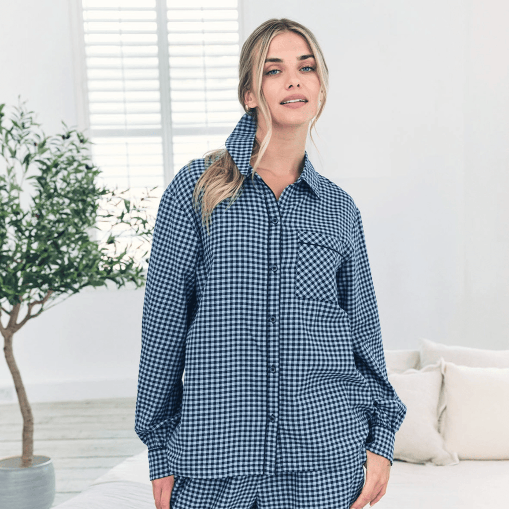 Chelsea Peers Long Pajama Set, Organic Cotton Button-Up Blue Gingham Check