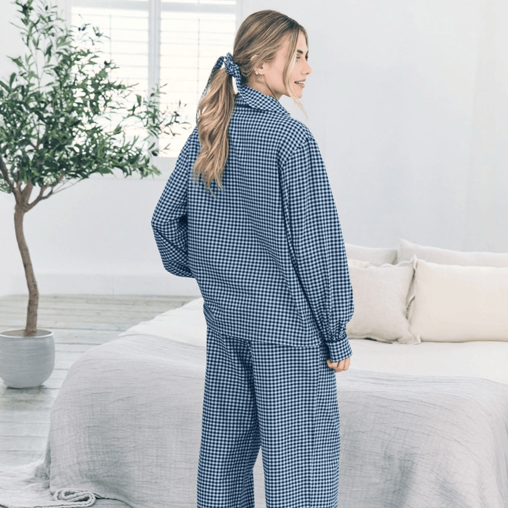 Chelsea Peers Long Pajama Set, Organic Cotton Button-Up Blue Gingham Check