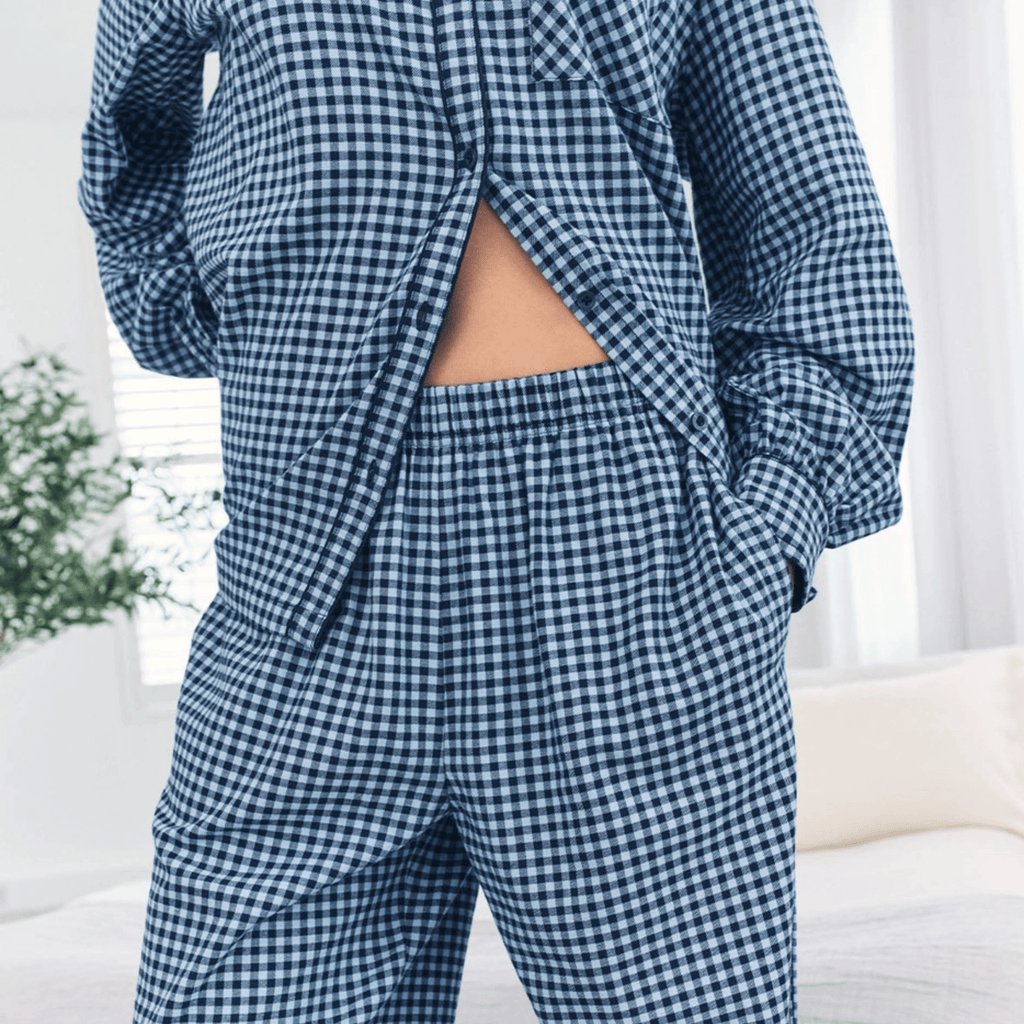 Chelsea Peers Long Pajama Set, Organic Cotton Button-Up Blue Gingham Check
