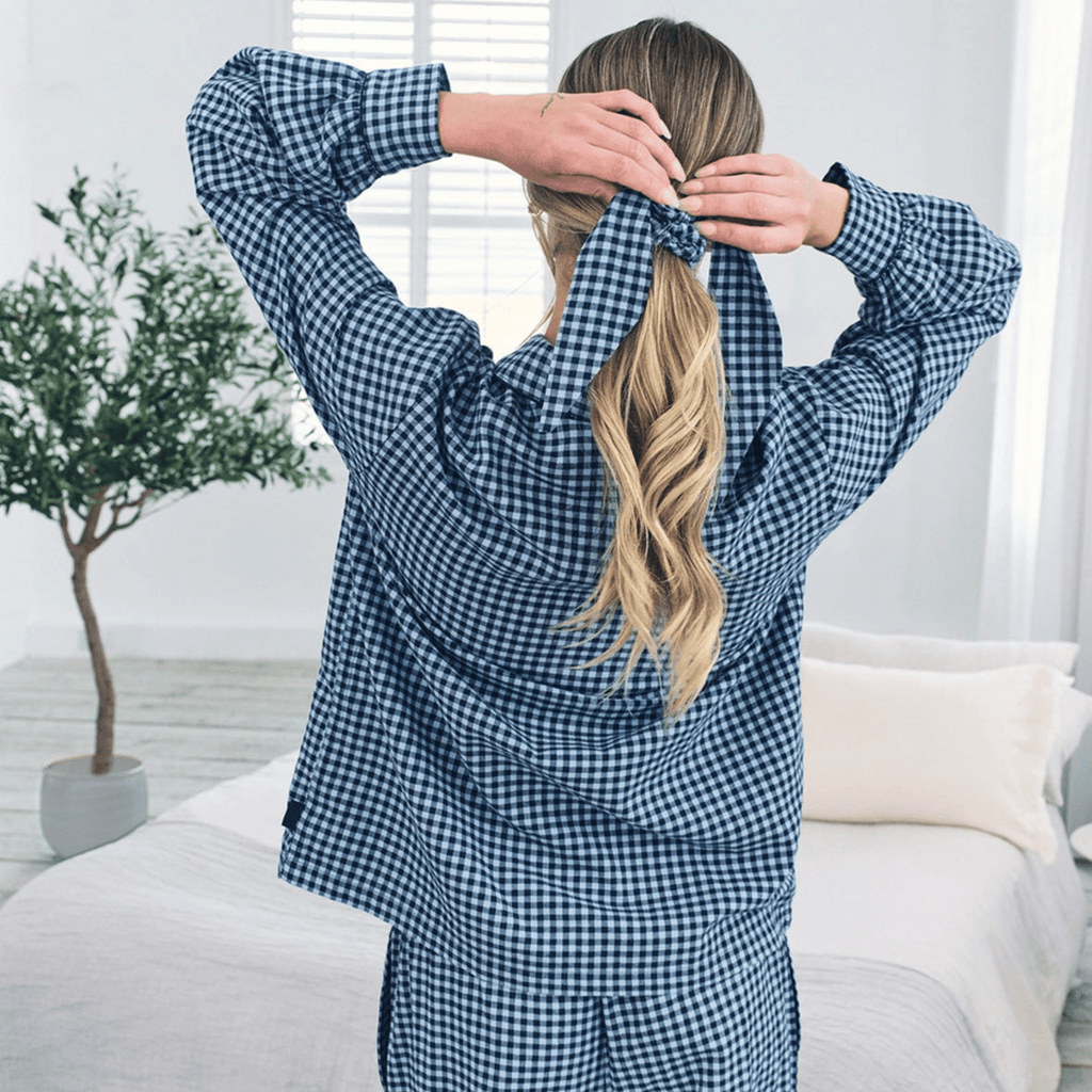 Chelsea Peers Long Pajama Set, Organic Cotton Button-Up Blue Gingham Check