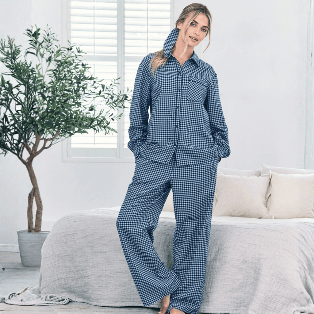 Chelsea Peers Long Pajama Set, Organic Cotton Button-Up Blue Gingham Check
