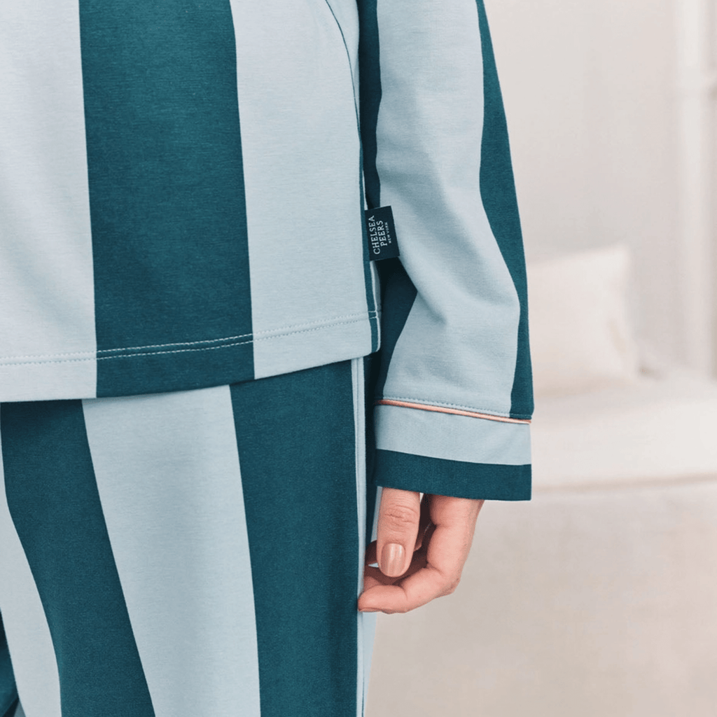 Chelsea Peers Long Pajama Set, Organic Cotton Button-Up Blue Stripe