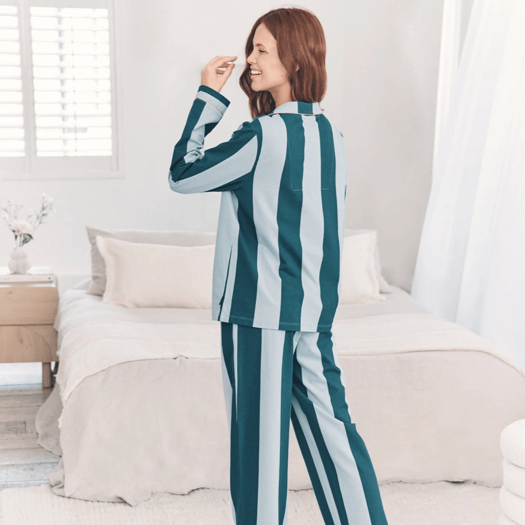 Chelsea Peers Long Pajama Set, Organic Cotton Button-Up Blue Stripe