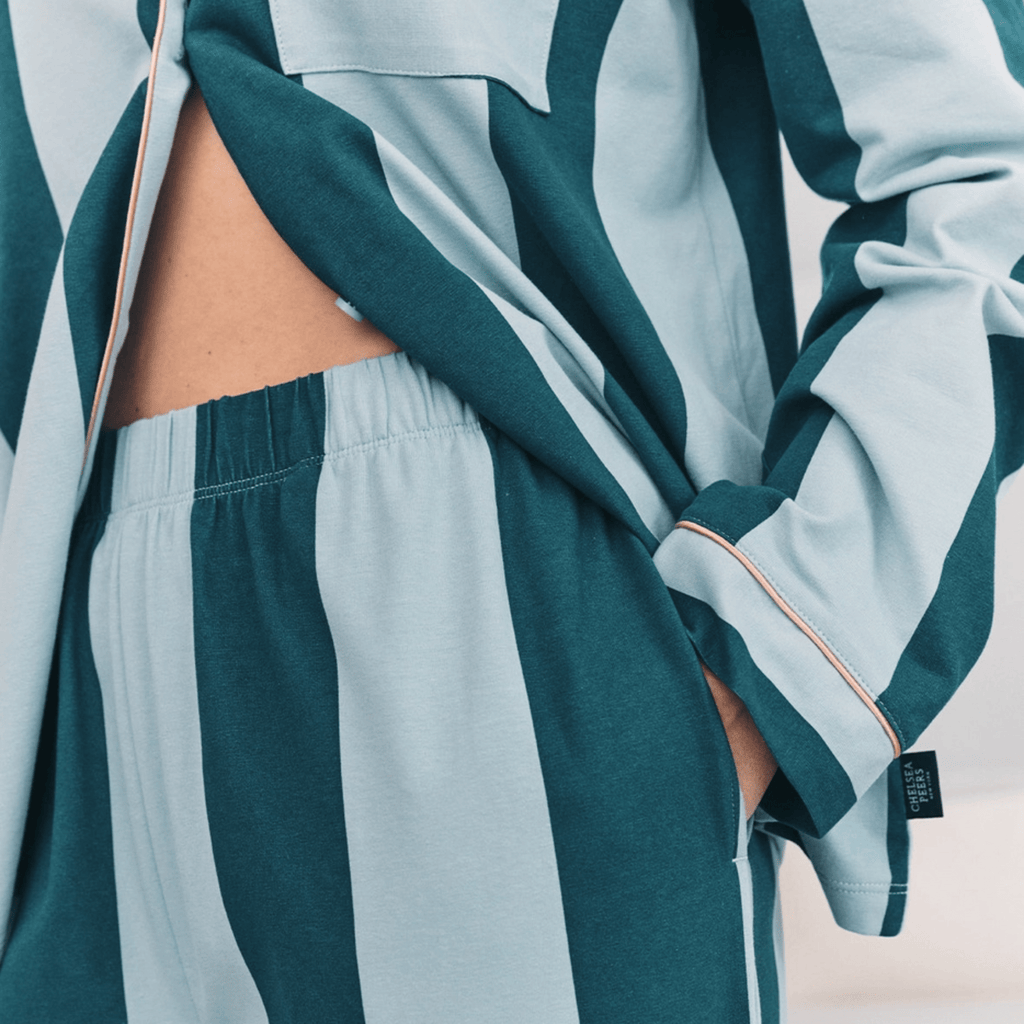 Chelsea Peers Long Pajama Set, Organic Cotton Button-Up Blue Stripe