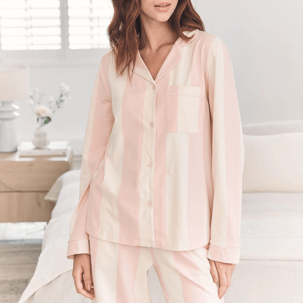 Chelsea Peers Long Pajama Set, Organic Cotton Button-Up Dusky Pink Stripe