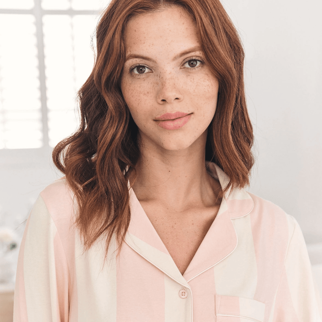 Chelsea Peers Long Pajama Set, Organic Cotton Button-Up Dusky Pink Stripe