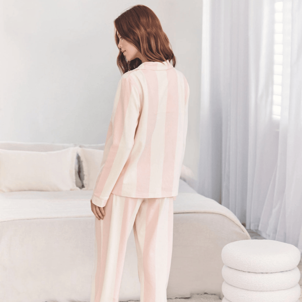 Chelsea Peers Long Pajama Set, Organic Cotton Button-Up Dusky Pink Stripe