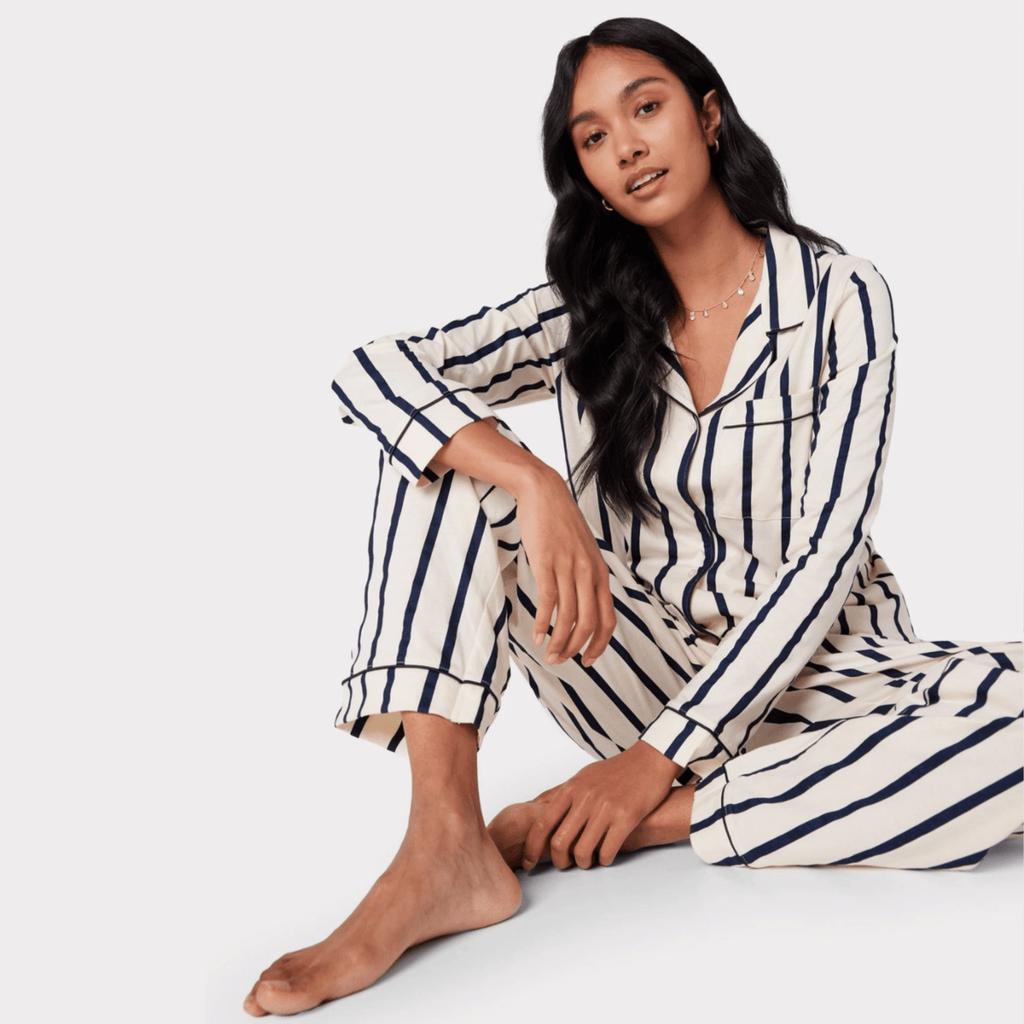 Chelsea Peers Long Pajama Set, Organic Cotton Button-Up Navy & Cream Stripe