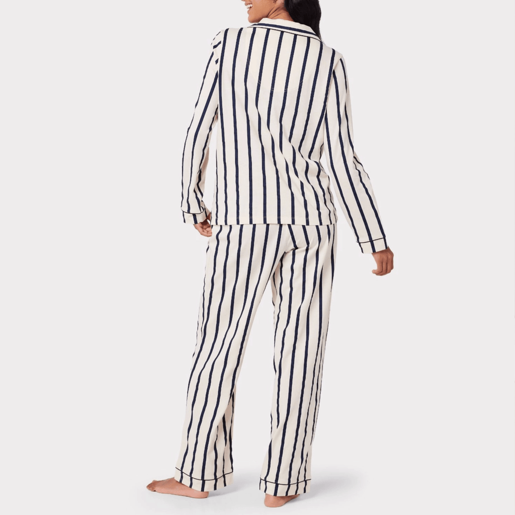 Chelsea Peers Long Pajama Set, Organic Cotton Button-Up Navy & Cream Stripe