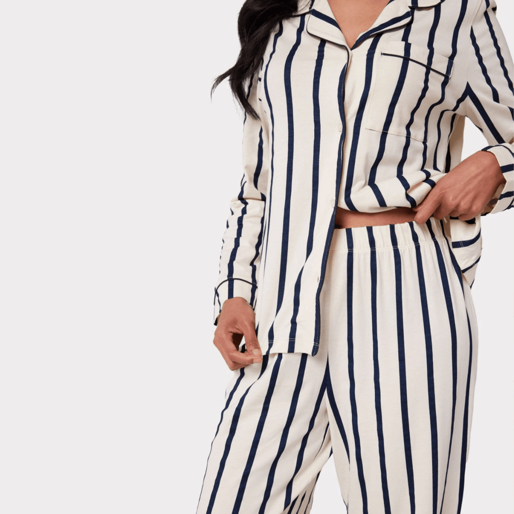 Chelsea Peers Long Pajama Set, Organic Cotton Button-Up Navy & Cream Stripe