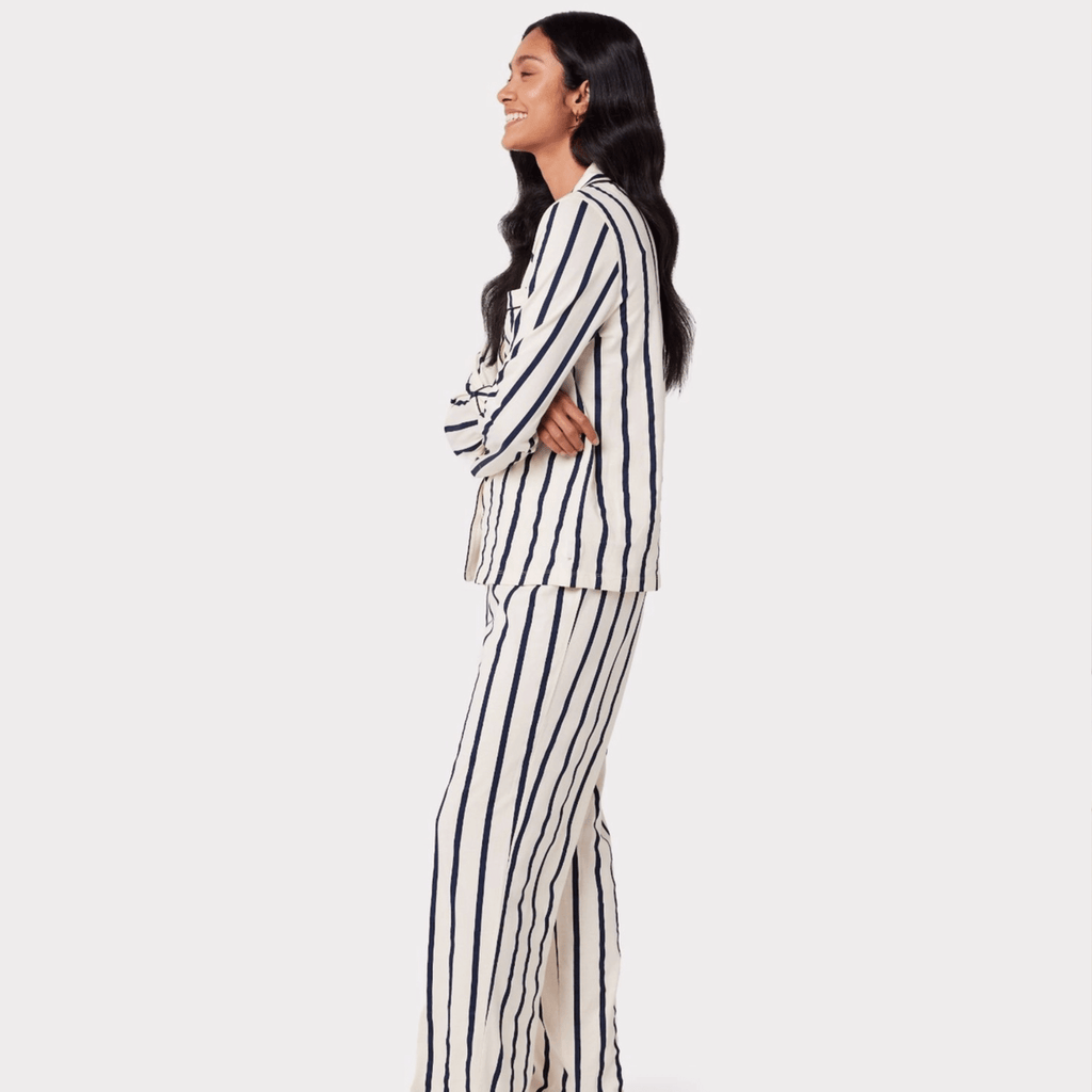 Chelsea Peers Long Pajama Set, Organic Cotton Button-Up Navy & Cream Stripe