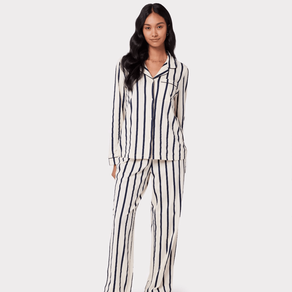 Chelsea Peers Long Pajama Set, Organic Cotton Button-Up Navy & Cream Stripe