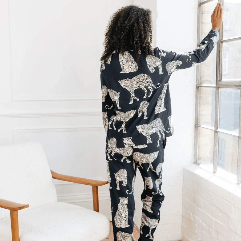 Chelsea Peers Long Pajama Set, Organic Cotton Button-Up Navy Leopard Print