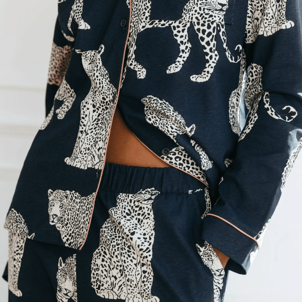 Chelsea Peers Long Pajama Set, Organic Cotton Button-Up Navy Leopard Print