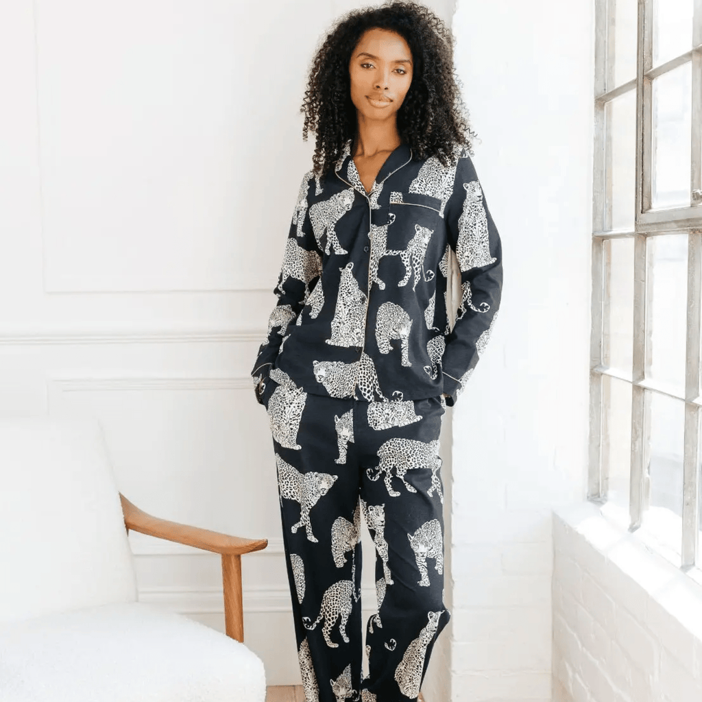 Chelsea Peers Long Pajama Set, Organic Cotton Button-Up Navy Leopard Print