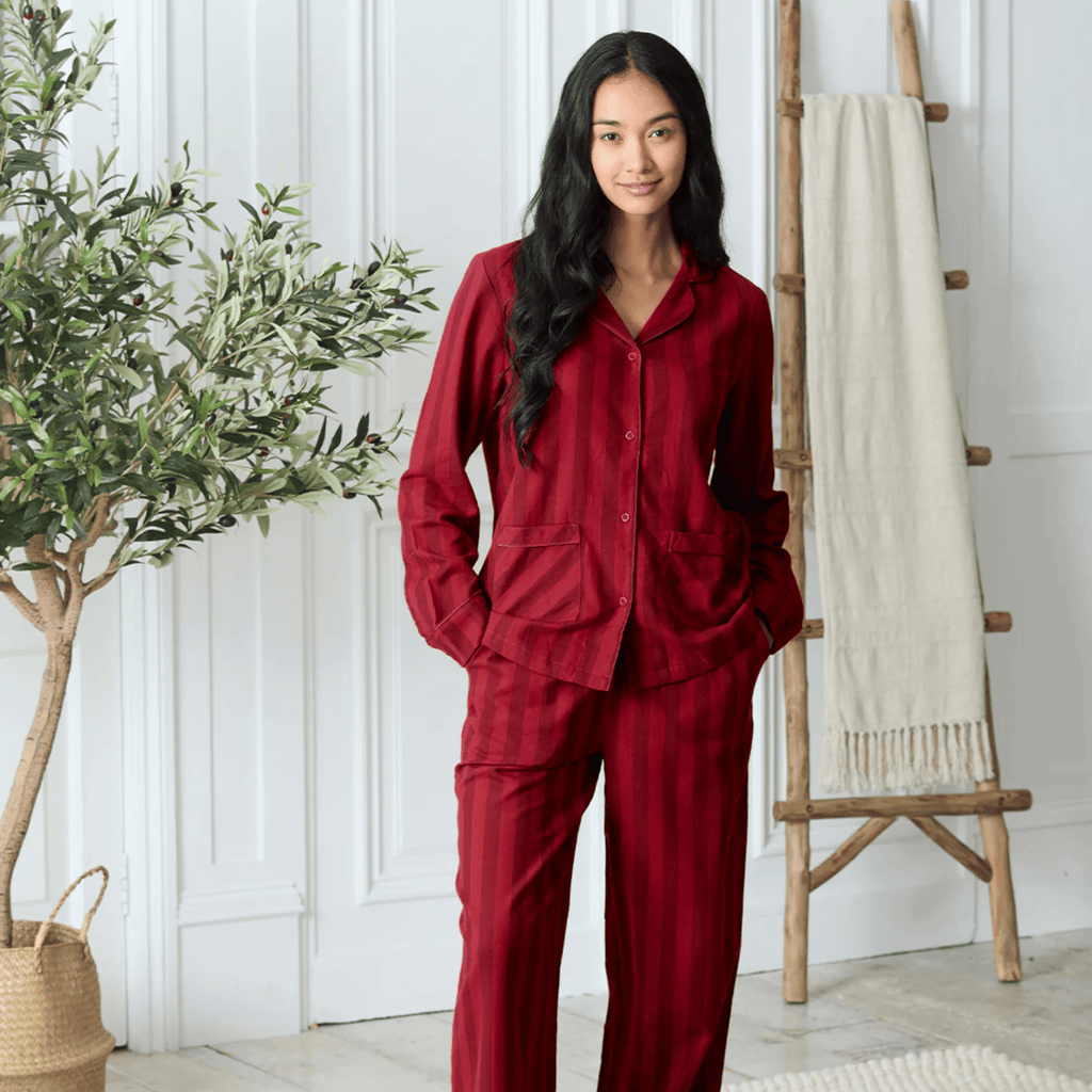 Chelsea Peers Long Pajama Set, Organic Cotton Button-Up Red Stripe