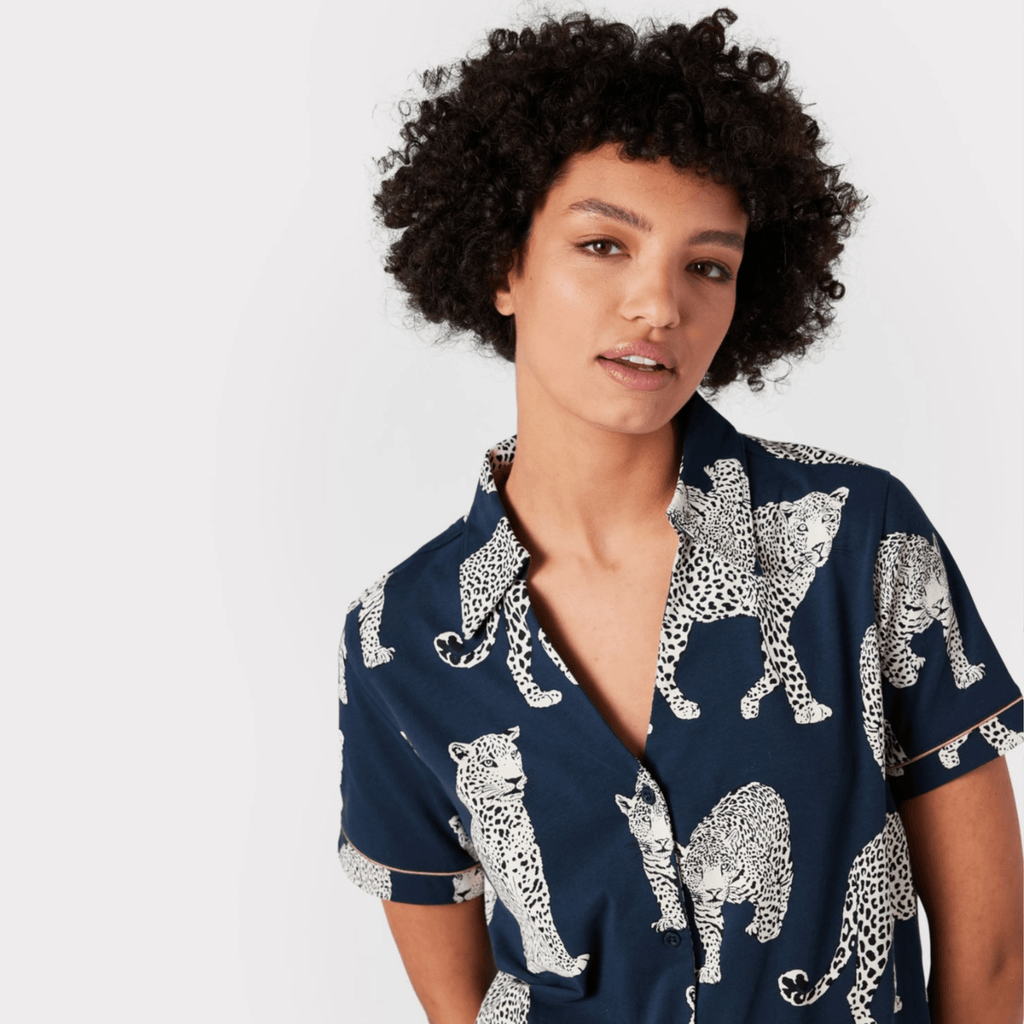 Chelsea Peers Short Pajama Set, Organic Cotton Button-Up Leopard Print