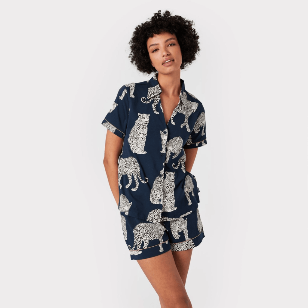 Chelsea Peers Short Pajama Set, Organic Cotton Button-Up Leopard Print