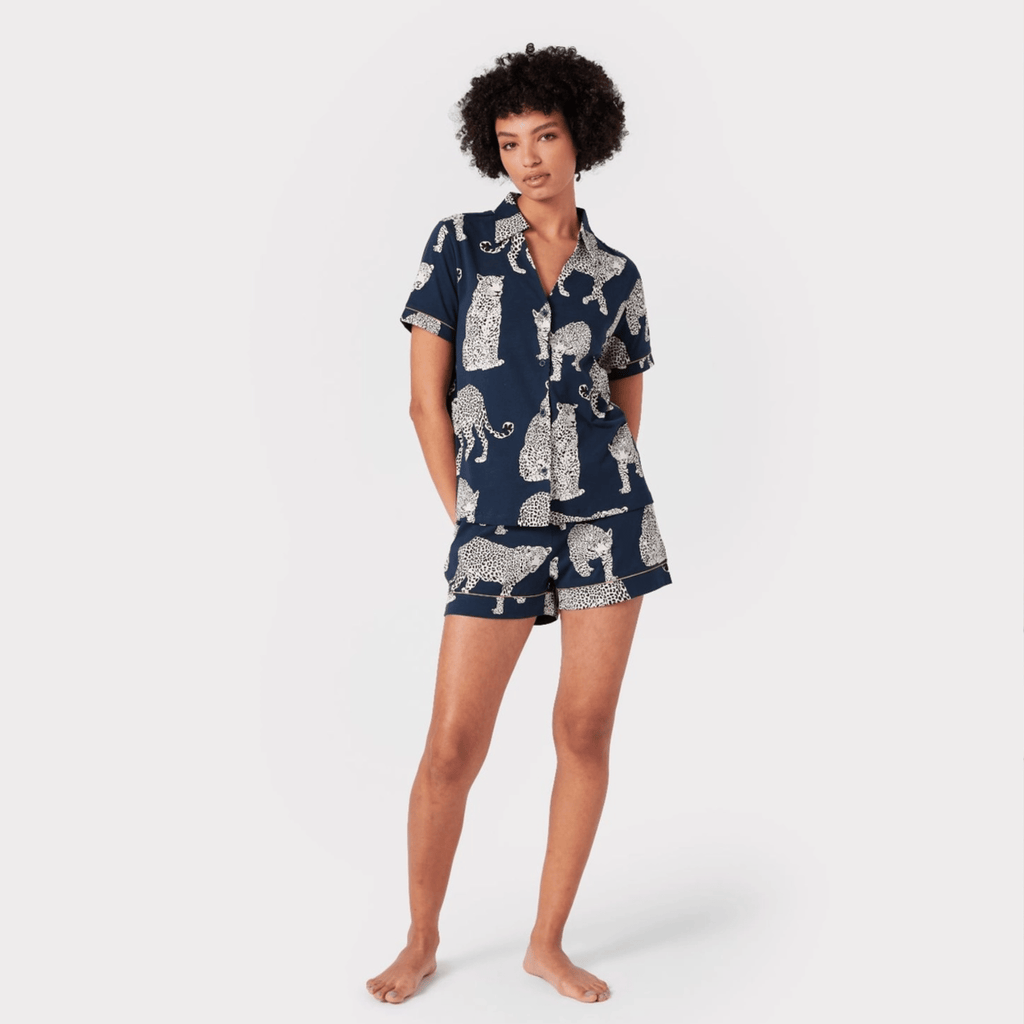 Chelsea Peers Short Pajama Set, Organic Cotton Button-Up Leopard Print