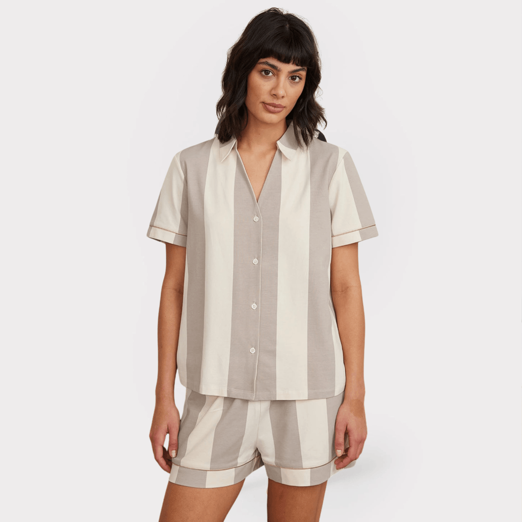 Chelsea Peers Short Pajama Set, Organic Cotton Button-Up Taupe Stripe