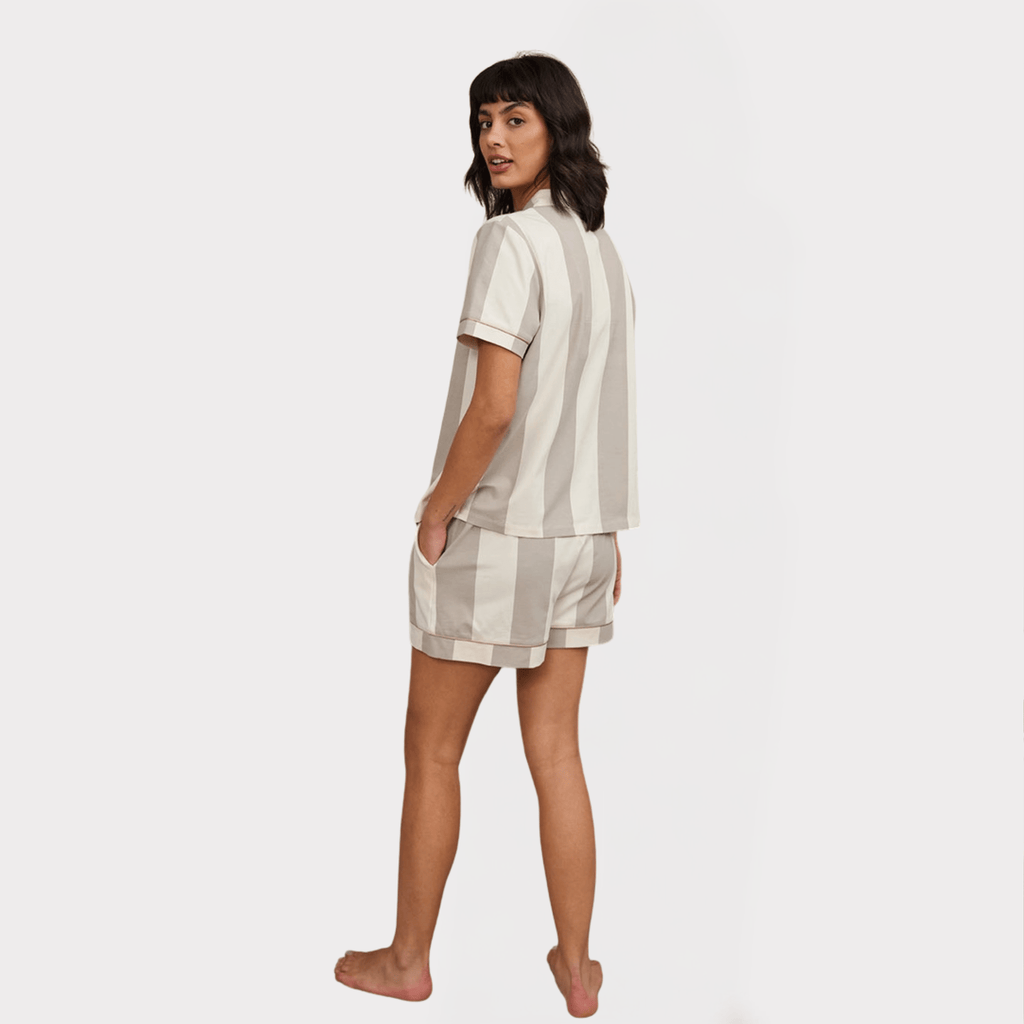 Chelsea Peers Short Pajama Set, Organic Cotton Button-Up Taupe Stripe