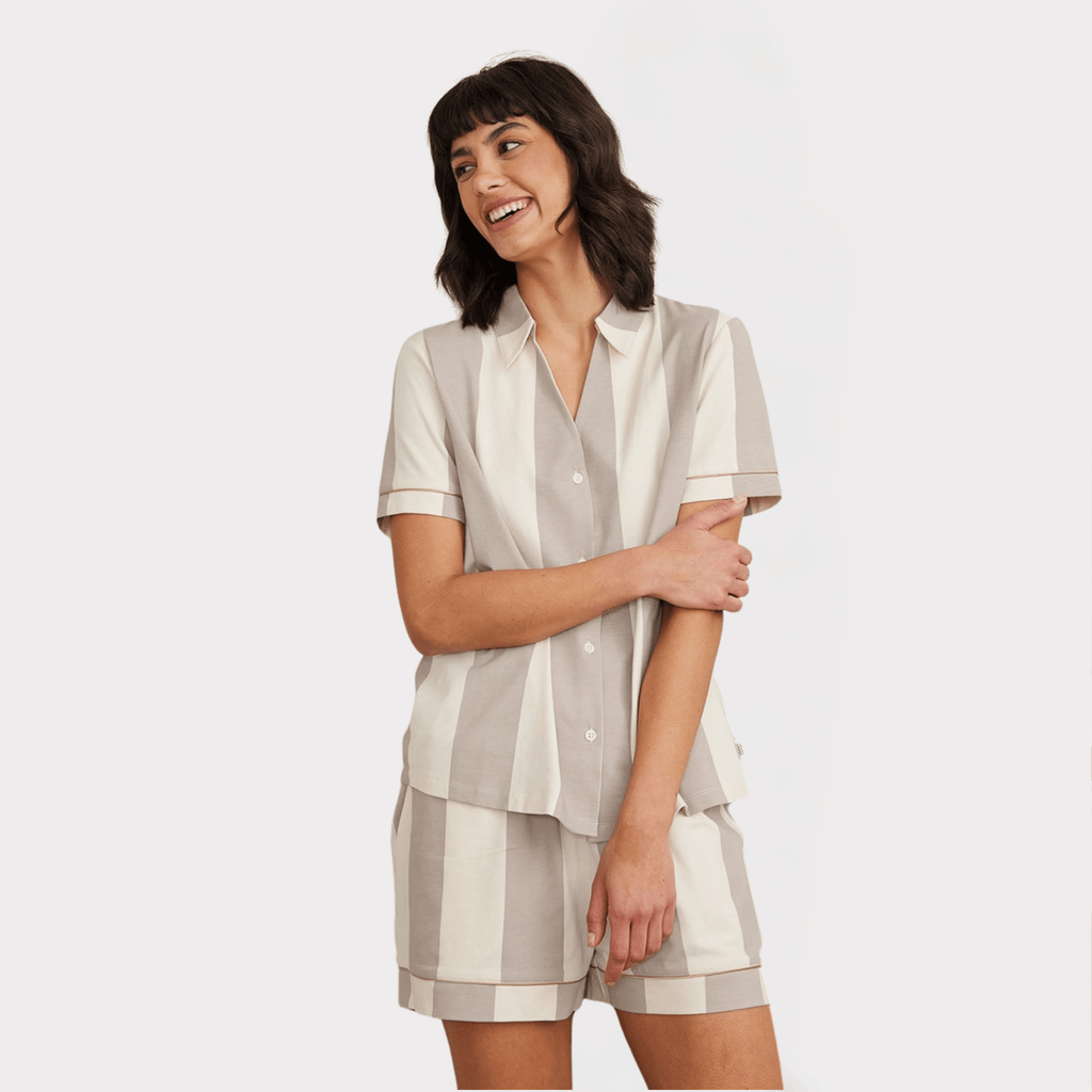 Chelsea Peers Short Pajama Set, Organic Cotton Button-Up Taupe Stripe
