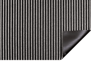 Black and white rectanguler skinny striped mat backed with black commercial rubber