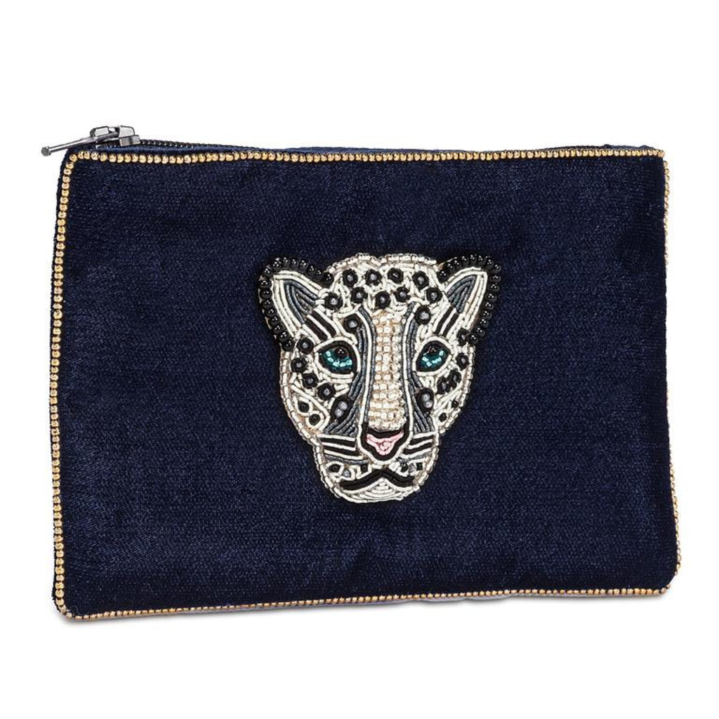 Navy Blue Velvet Pouch with 3D Beaded Leopard Small