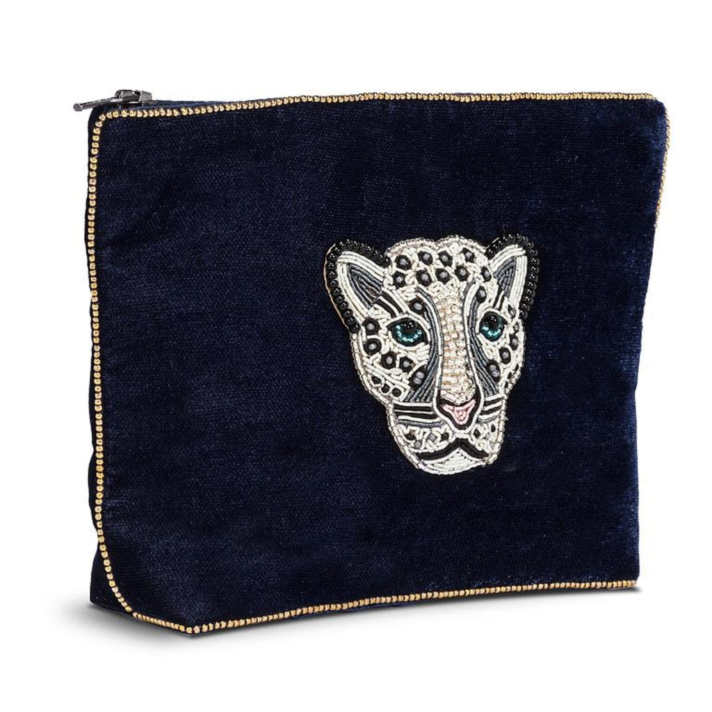 Navy Blue Velvet Pouch with 3D Beaded Leopard Large