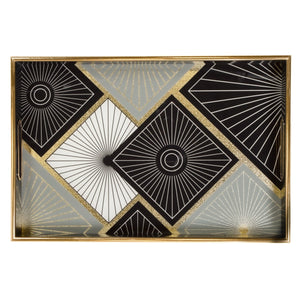 a rectangular art deco style trays in black with gold trim and a gold, black, and cream tile pattern