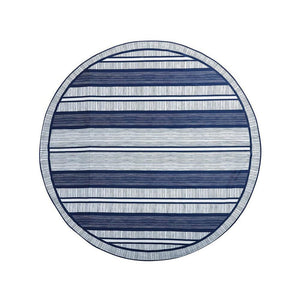 Basil Bangs round beach blanket, in Atlantic pattern with blue and white stripes lying flat on a white background, viewed from above, with stripes running horizontally.