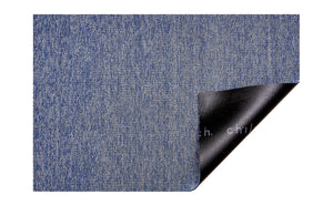 a heathered, cornflower blue rectangular floor mat made of eco friendly looped vinyl yarns, backed with black commercial rubber
