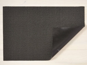 dark grey, rectangular floor mat made of eco friendly looped vinyl shag, backed with black commercial rubber