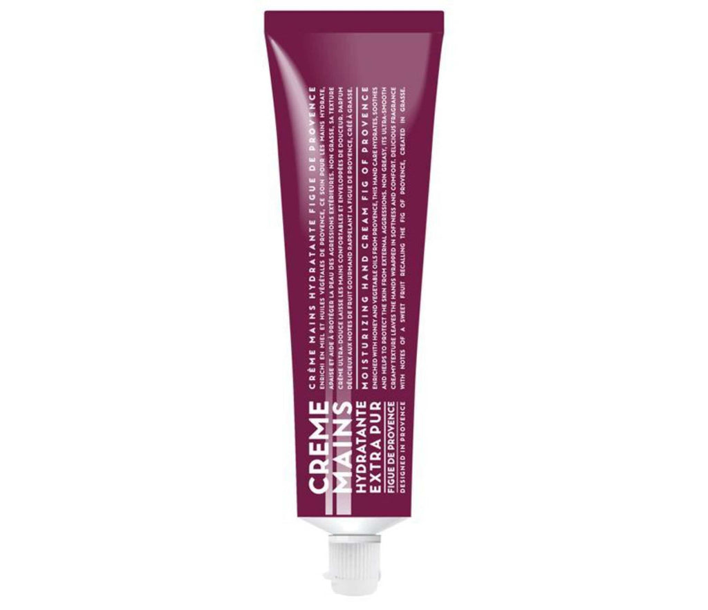 Compagnie de Provence fig hand cream in a 100mL burgundy plastic tube with modern, white block letters