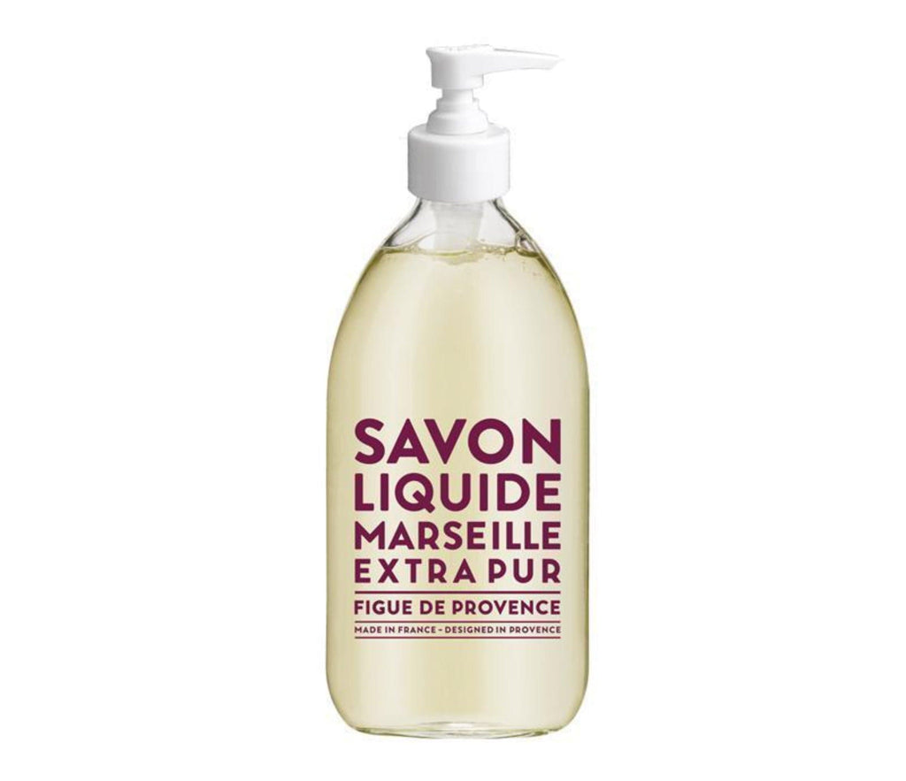 Compagnie de Provence Fig liquid soap in a 500mL, refillable, clear glass bottle with modern, burgundy letters and a pump dispenser
