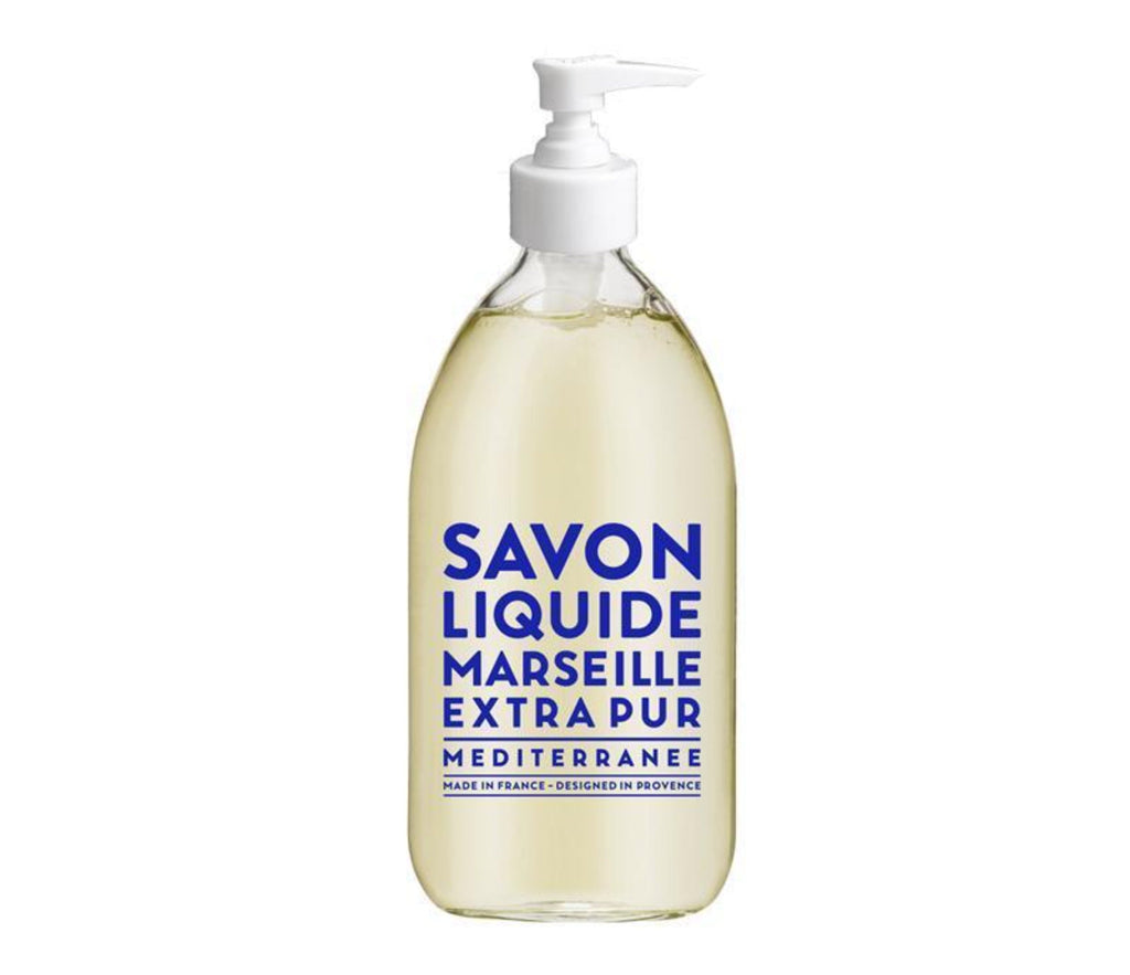 Compagnie de Provence Mediterranean Sea liquid soap in a clear glass bottle with royal blue, bold modern letters and a pump dispenser