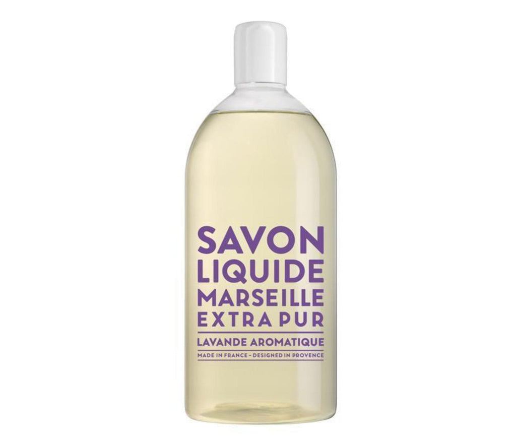 Compagnie de Provence Lavender liquid soap in a clear plastic 1L refill bottle with modern, lavender block letters