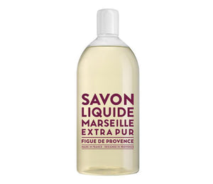 Compagnie de Provence Fig liquid soap in a 1L clear plastic, refill bottle with modern, burgundy letters