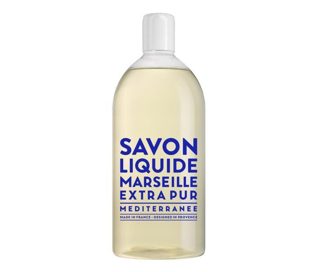 Compagnie de Provence Mediterranean Sea liquid soap in a 1L clear plastic refill bottle, with royal blue, modern block letters
