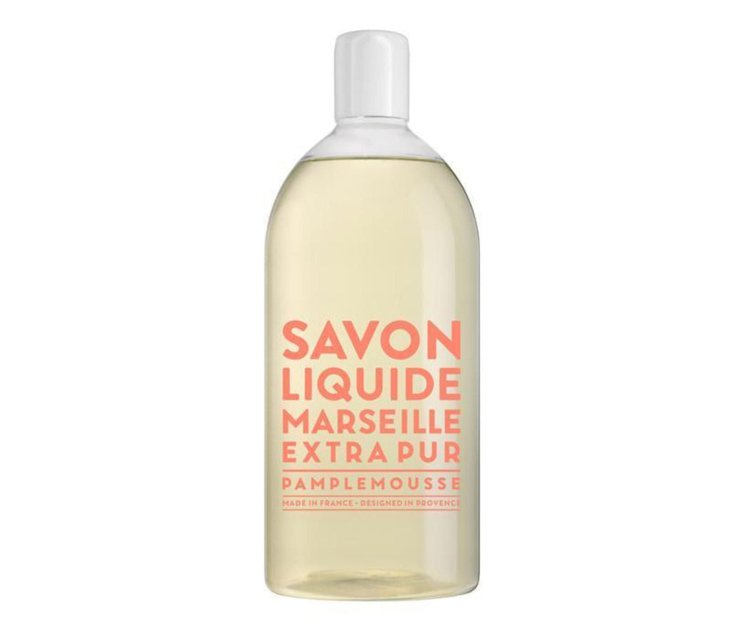 Compagnie de Provence Pink Grapefruit liquid soap in a 1L clear plastic refill bottle, with melon coloured, bold lettering