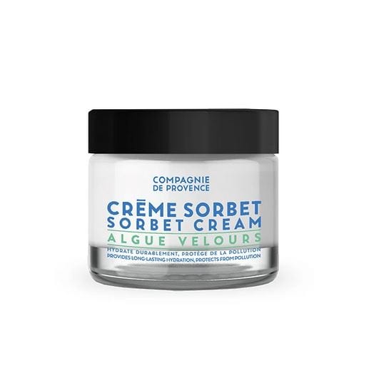 Compagnie de Provence Velvet Seaweed Sorbet face cream in a glass jar, with blue and green lettering.