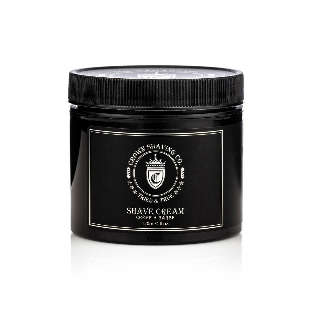 Crown Shaving Co. shave cream in an 4oz black plastic container with silver logo and lettering
