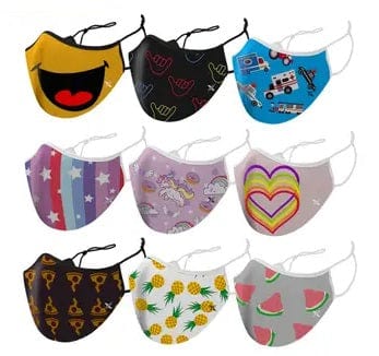 Assorted designs of children's face masks.