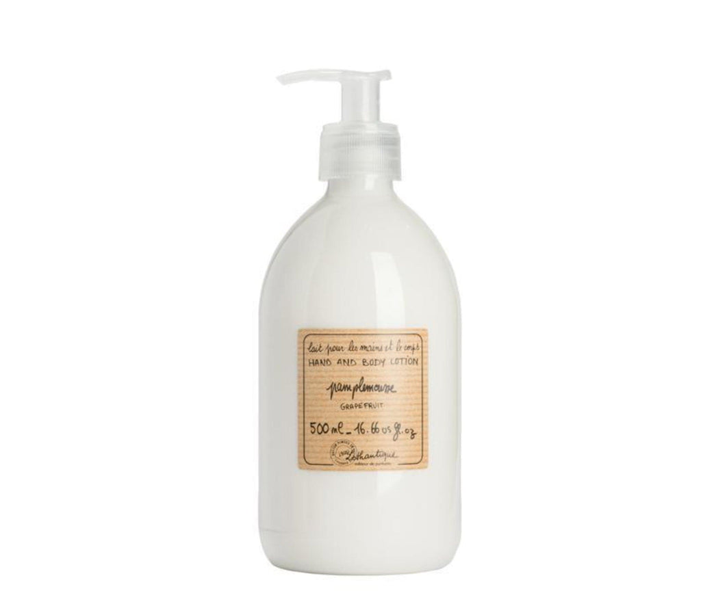 Grapefruit scented hand and body lotion, in a plastic bottle with a pump. A beige striped label is in the centre, printed with "lait pour les mains et le corps, hand and body lotions, pamplemousse, grapefruit, 500mL, 16.66 fl oz" and the Lothantique logo at the bottom.